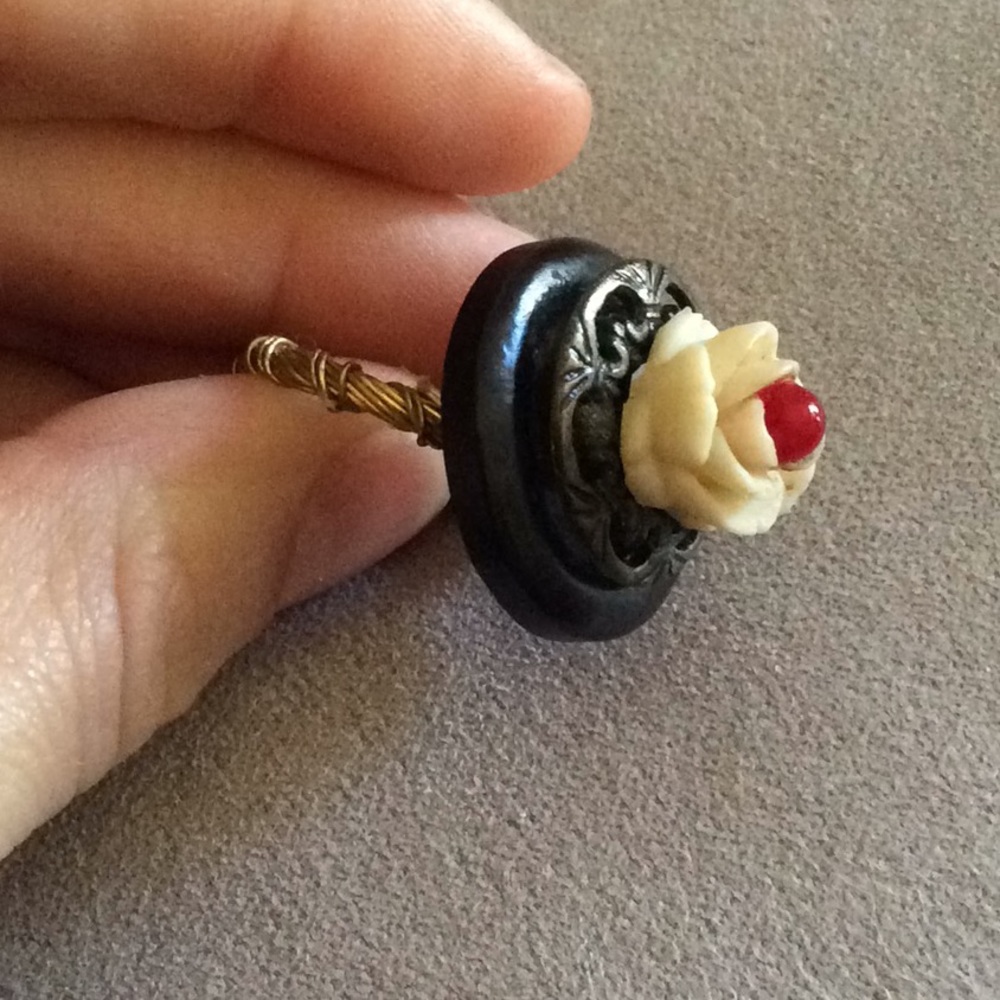 Buttons White Red Rose Golden Ring Artsy